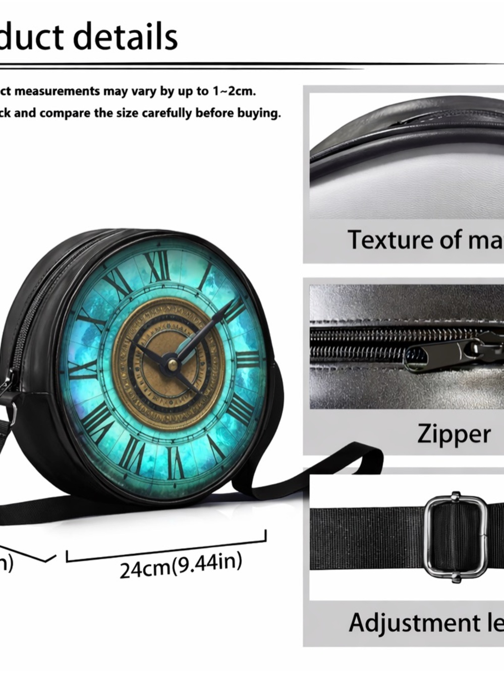 Steampunk Clock Crossbody Bag Round Vintage Style Purse Adjustable Strap Retro - Picture 4 of 14